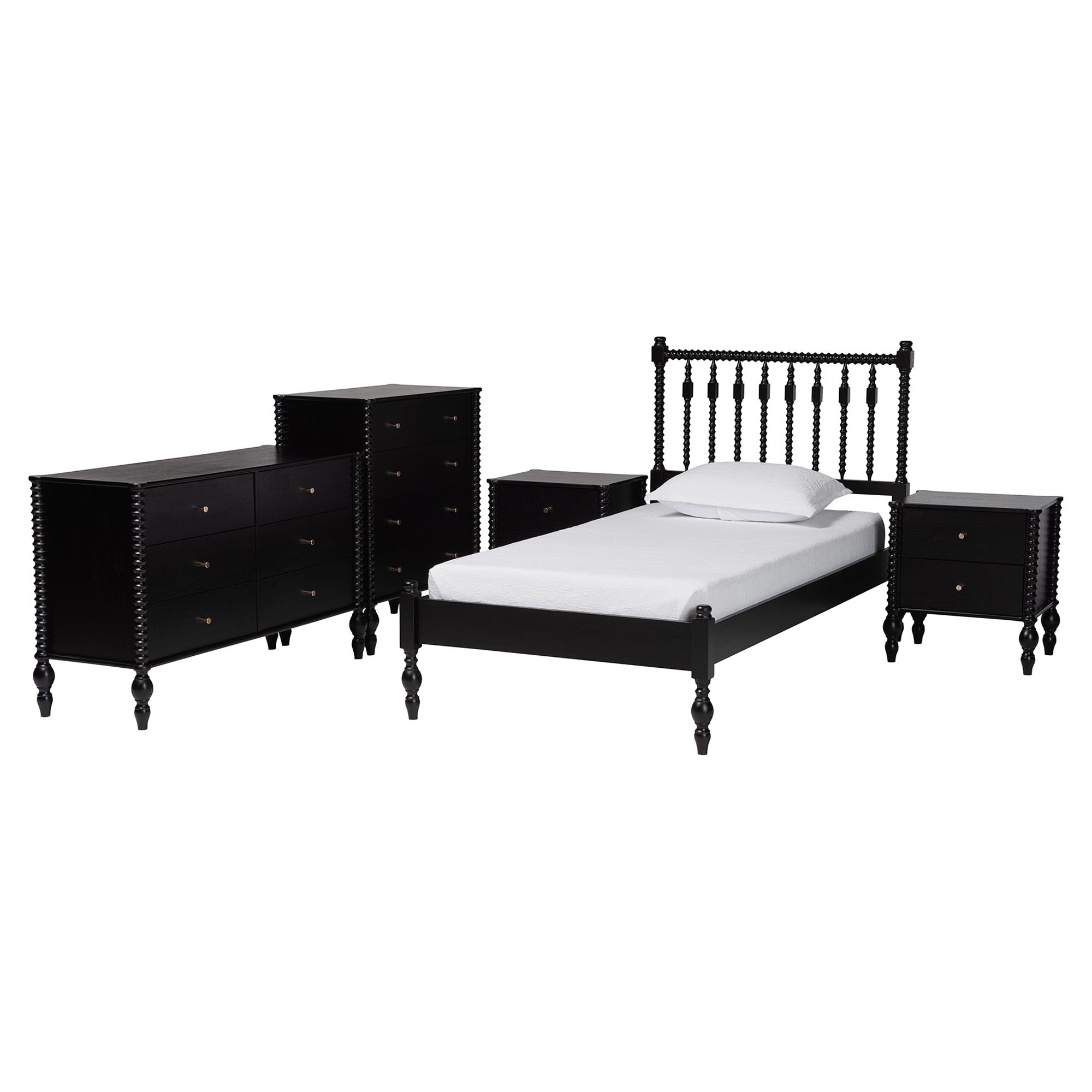 Baxton Studio Callison Spindle 5-Piece Bedroom Set - Farmhouse Platform Bed with Matching Dresser, Chest, and 2-Drawer Nightstands, Black. Twin